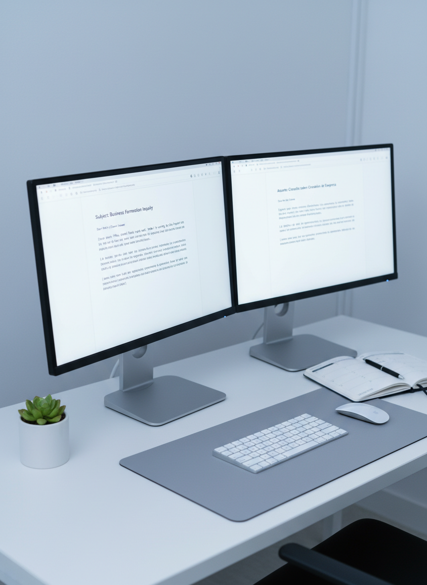 A sleek dual-monitor workstation representing bilingual virtual assistance, with one monitor displaying a neatly formatted English email draft about business formation, and the other showing its Spanish version in a matching layout. The screens are framed by a minimalist white desk, with a compact wireless keyboard, ergonomic mouse, and a slim navy planner open to a weekly schedule. A small, well-tended green plant in a white ceramic pot adds a touch of freshness near the monitor stand. Cool, balanced studio-style lighting illuminates the scene evenly, minimizing harsh shadows and emphasizing clarity. Photographic realism from a slightly elevated angle, with a balanced composition and crisp detail across the frame, creating a mood of calm productivity, precision, and professional bilingual support.