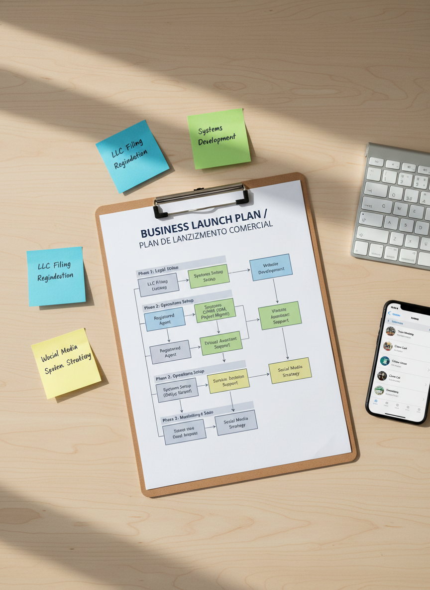 A close-up, overhead photographic view of a structured business planning workspace, with a large white clipboard holding a detailed flowchart titled “Business Launch Plan” in both English and Spanish, printed in clean navy and charcoal fonts. Around the clipboard, color-coded sticky notes form a semi-circle, each labeled with precise tasks like “LLC Filing,” “Registered Agent,” “Systems Setup,” and “Virtual Assistant Support.” A slim wireless keyboard and a smartphone displaying a calendar app sit nearby on a pale maple desk. Soft, diffused afternoon light from the left creates gentle, reassuring shadows. The mood is methodical and organized, with a clean, modern aesthetic and sharp focus throughout, emphasizing clear guidance and structured foundation support for busy professionals.